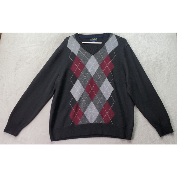 Club Room Sweater Men Size XL Black Argyle Merino Wool Long Raglan Sleeve V Neck - Picture 1 of 8